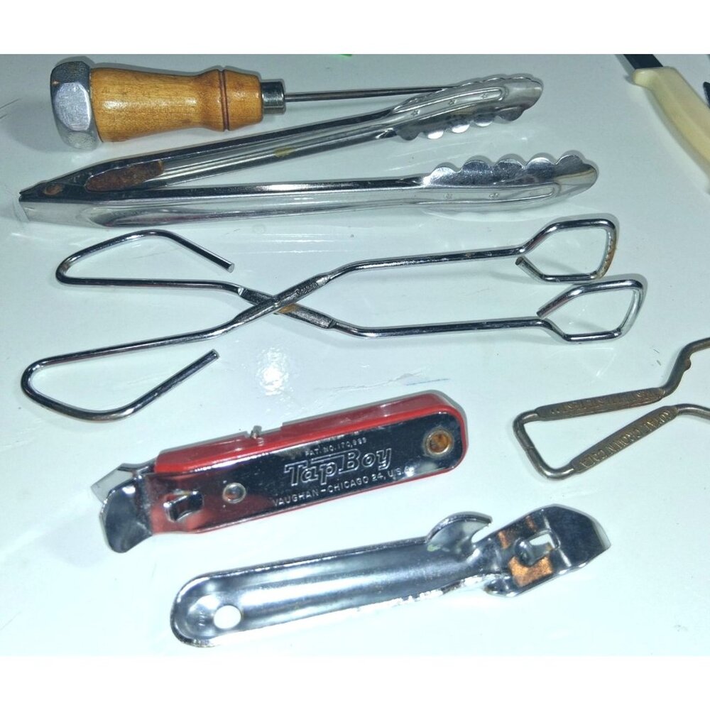 Vintage Kitchen Tool Set Tap Boy Vaughan Chicago & Assorted Metal Tongs Bottle O